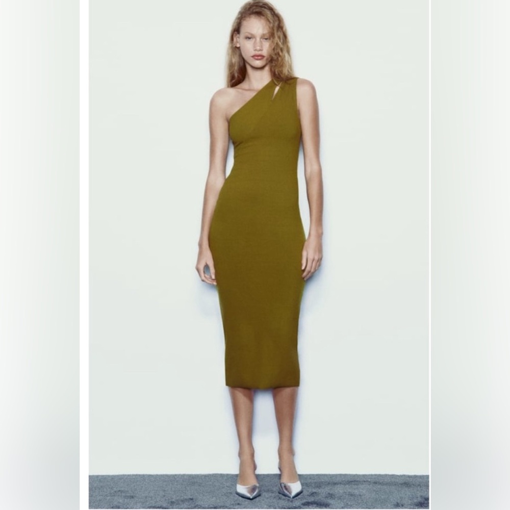 NWT. Zara Khaki Fitted Long Asymmetric Sleeveless Dress. Size S.